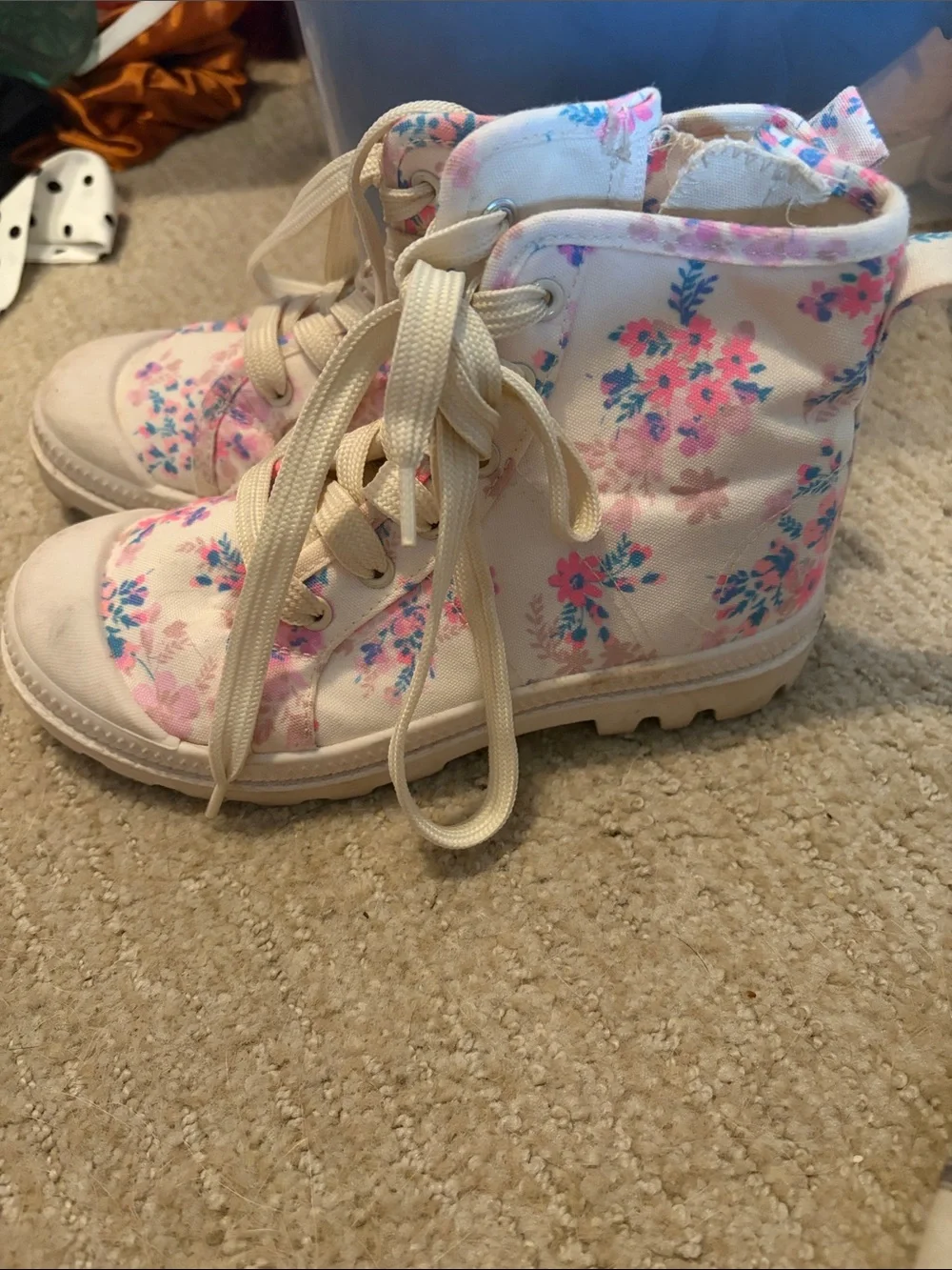 Kids Floral Lace-Up Ankle Boots - Pink & White